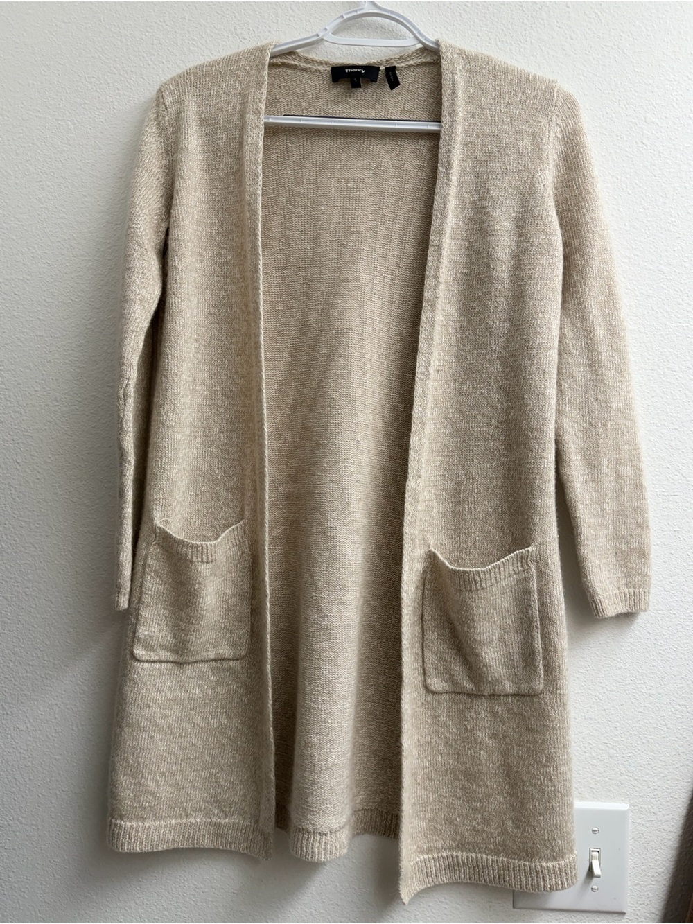 Theory Cream Open-Front Long Knit cashmere linen Cardigan size small